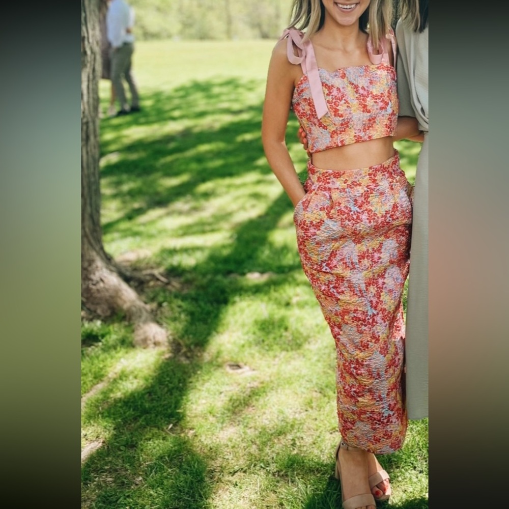 Lulus Jacquard Floral Two-Piece Skirt and Top Set